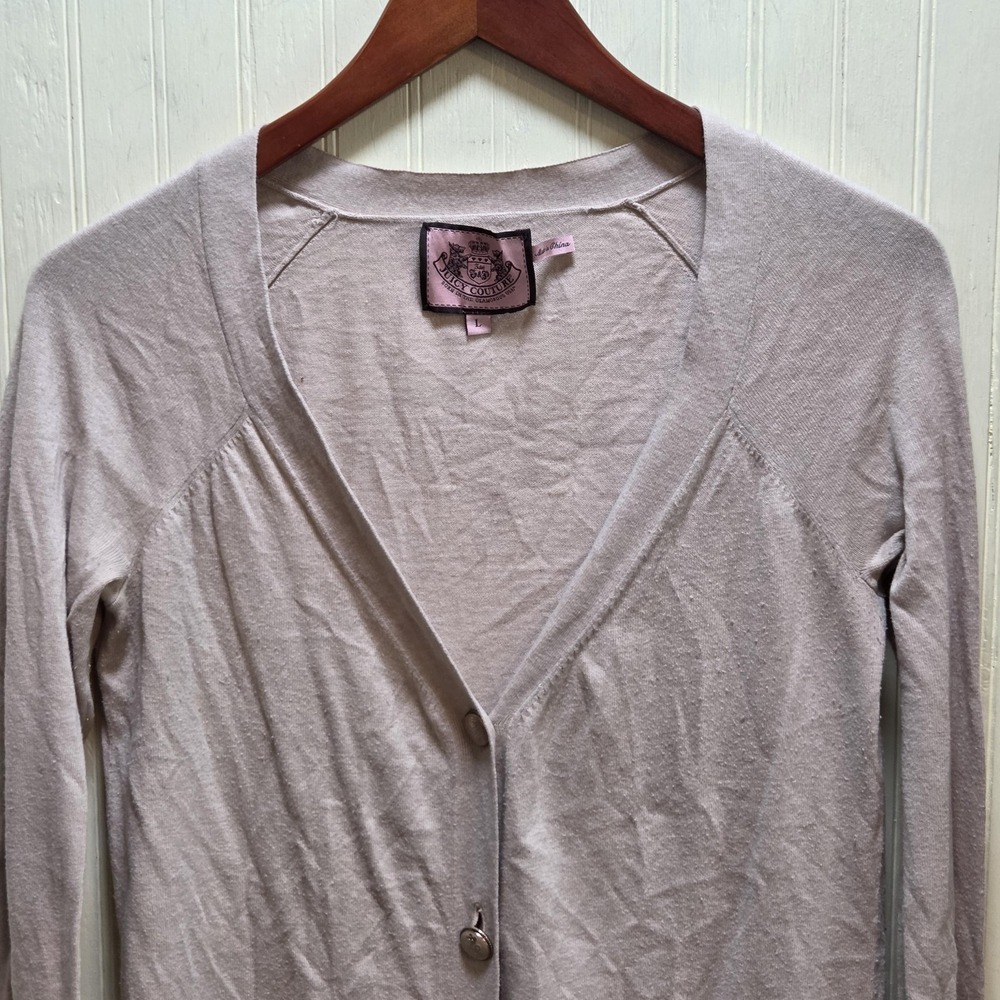 Juicy Couture Cardigan Sweater Womens Large Beige V Neck Button Knit Cashmereβ